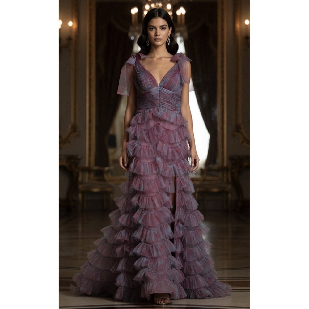 Jovani Gown Tiered Ruffle Mesh Size 4 Train One Of A Kind Romantic Prom‎ Dress - Picture 2 of 16